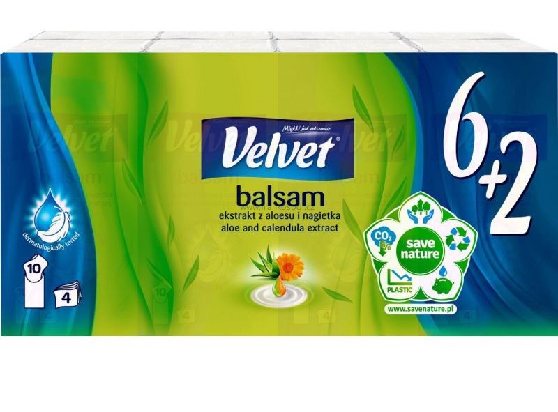 Papírové kapesníčky VELVET Balsam, 4 vrstvé, 8 x 10 ks
