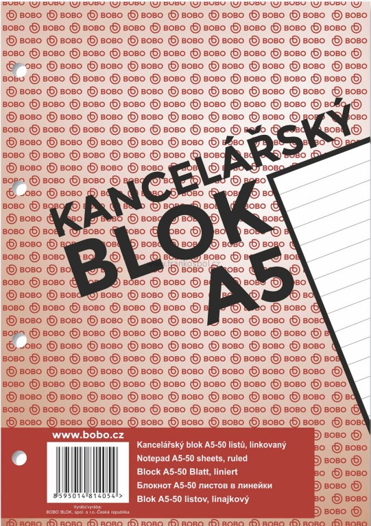 Kancelářský blok BOBO s děrováním, A5, linkovaný
