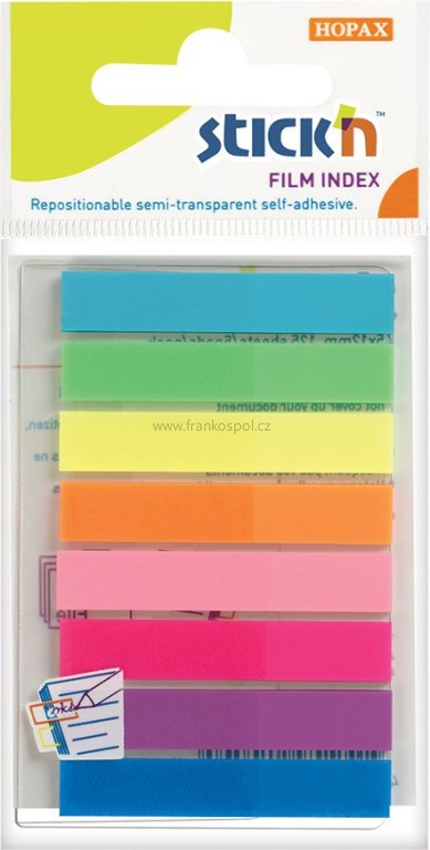 Samolepicí plastové záložky Stick'n by Hopax, 45 x 8 mm, 8 x 20 lístků, neonový mix