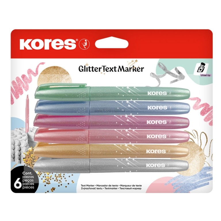 Zvýrazňovač Kores Glitter Text Marker, sada 6ks