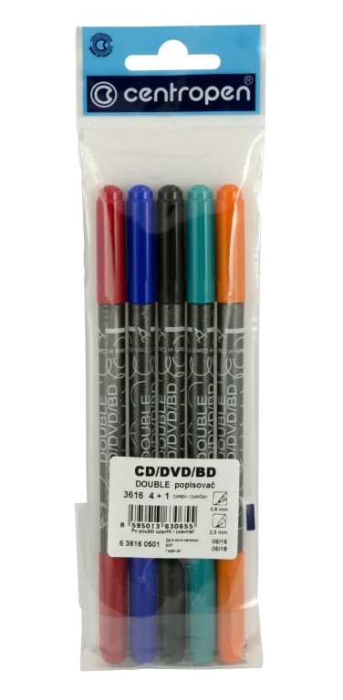 Popisovač CENTROPEN 3616 Double na CD/DVD/BD, sada 5 barev