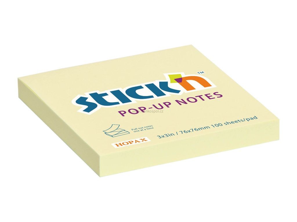 Samolepicí bloček Stick'n by HOPAX Pop-Up, 76 x 76 mm, 100 lístků, žlutý