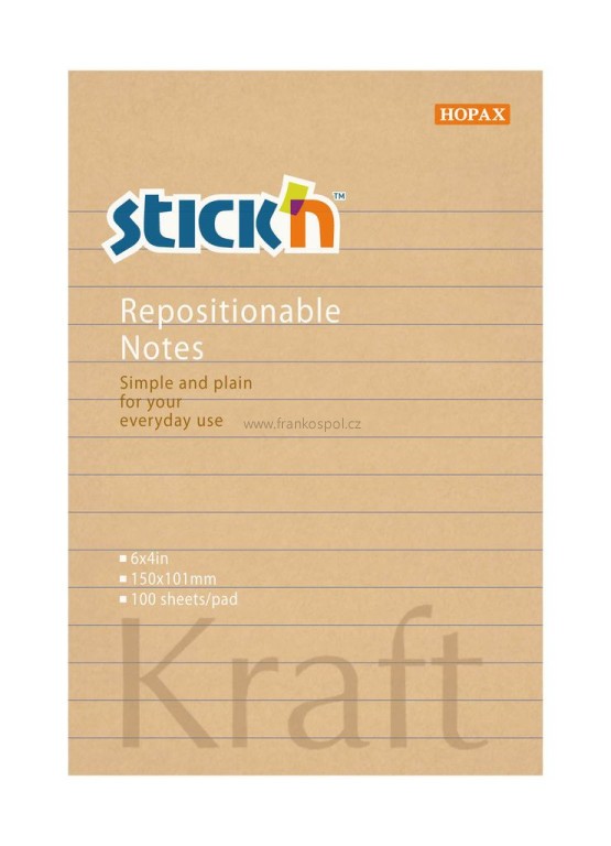 Samolepicí bloček Stick'n by Hopax Kraft, 150 x 101 mm, 100 lístků, linkovaný, hnědý