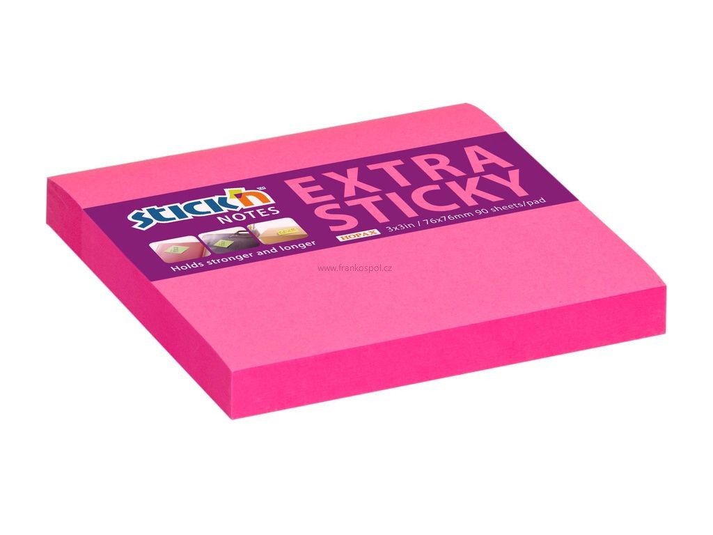 Samolepicí bloček Stick'n by HOPAX Extra Sticky, 76 x 76 mm, 90 lístků, neon růžový